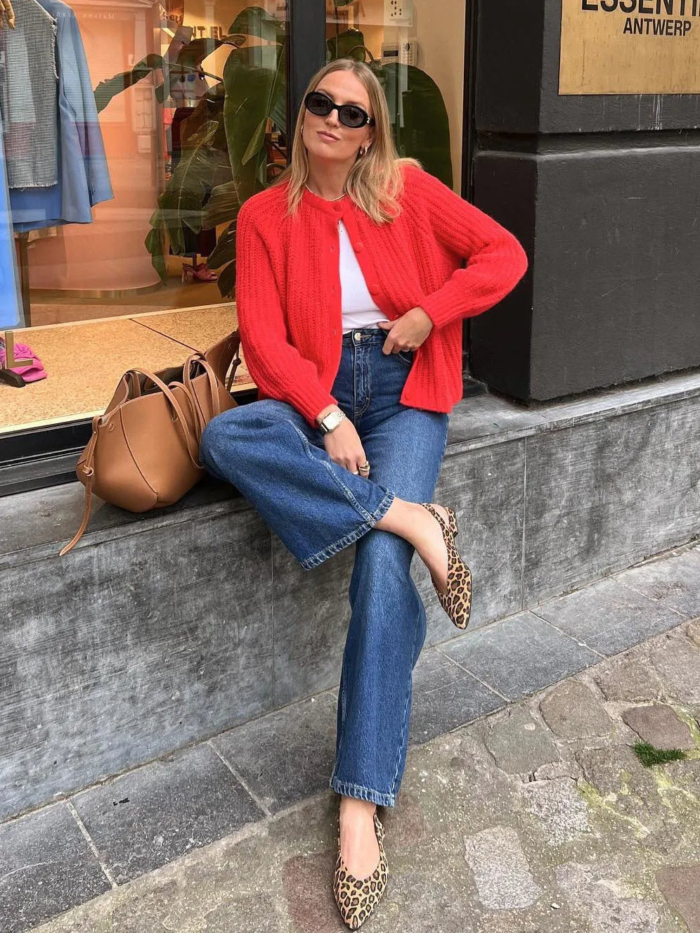 Cardigan à col rond et simple boutonnage pour femmes