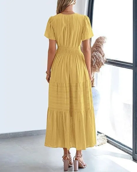 Robe longue plissée élégante style français à col en V pour femmes