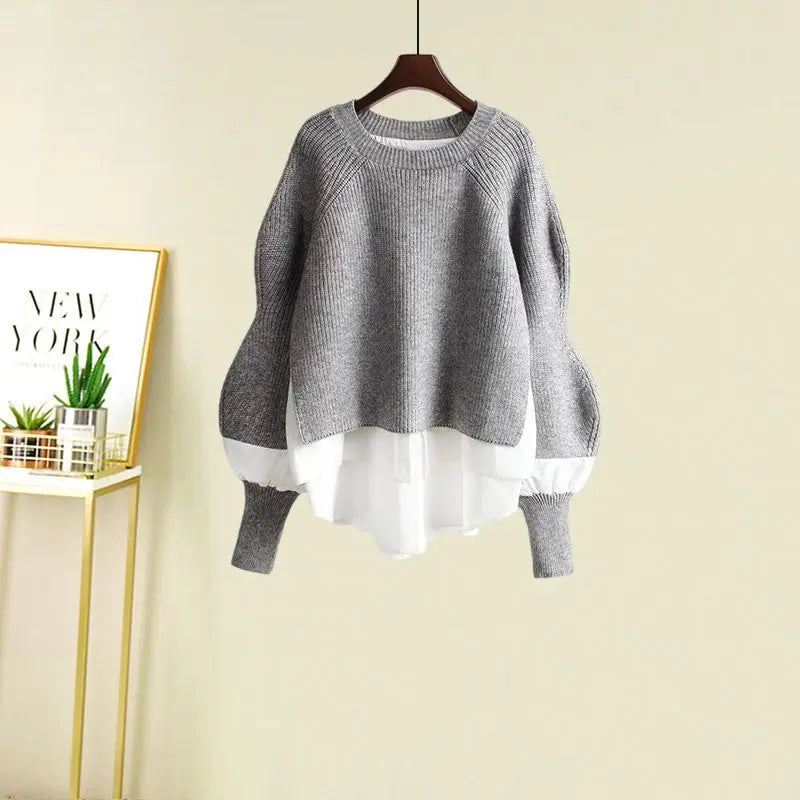 Ensemble deux pièces pull en maille et jupe trapèze à bretelles pour femmes