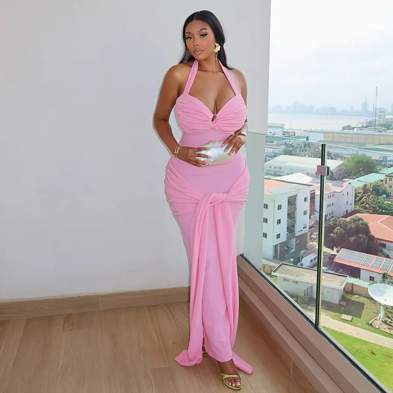 Robe longue moulante unie à dos nu avec liens croisés pour femmes