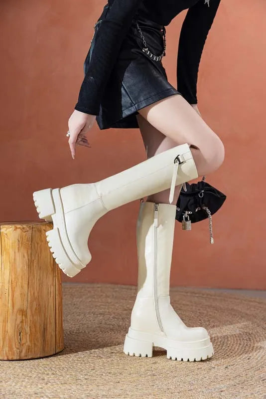 Bottes hautes en cuir véritable à plate-forme pour femmes