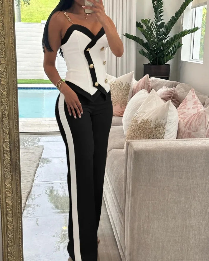 Ensemble 2 pièces haut asymétrique sexy à fronces et pantalon droit décontracté pour femmes