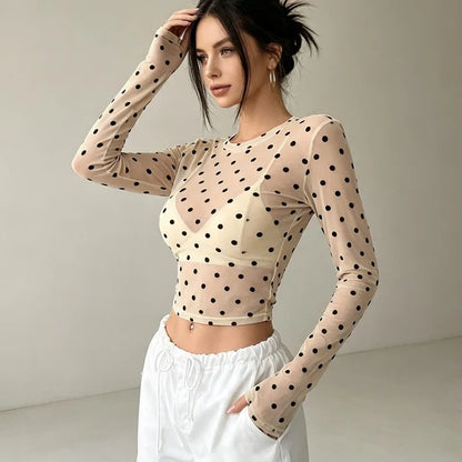 Crop Top à Pois Femme – Maille et Manches Longues