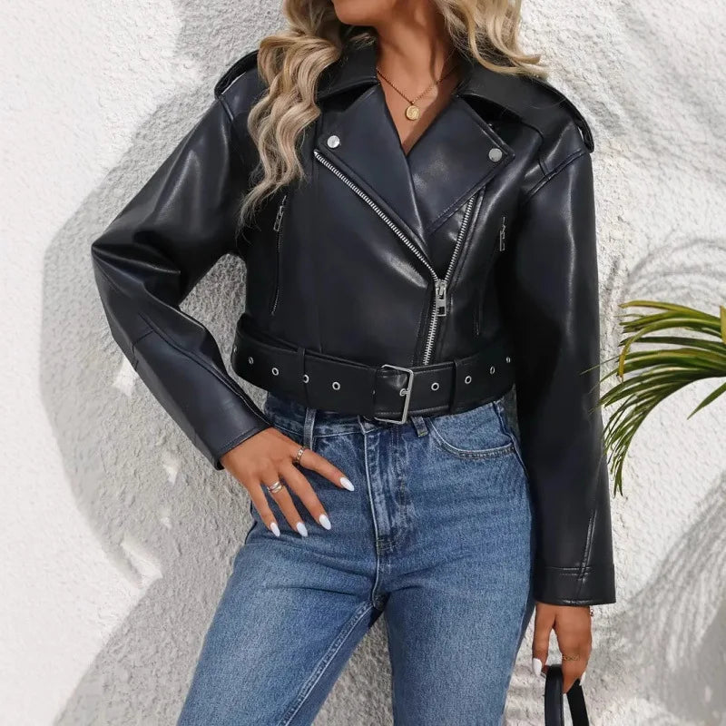 Veste courte en cuir PU pour femmes