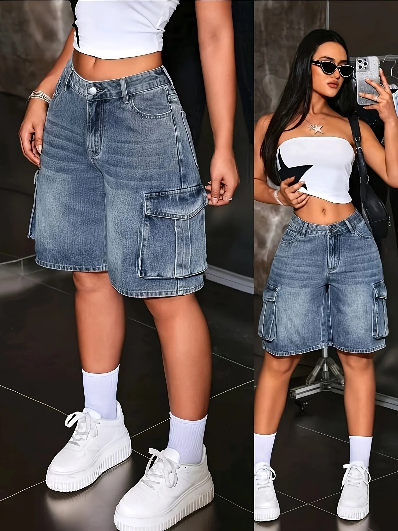 Salopette Bermuda multi-poches bleue pour femmes