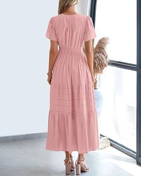 Robe longue plissée élégante style français à col en V pour femmes