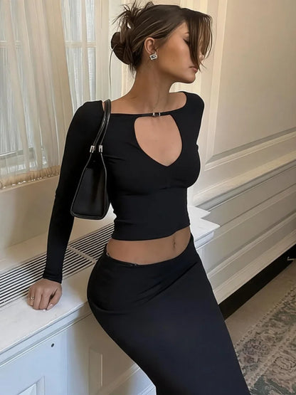 T-shirt Femme Noir à Découpes et Manches Longues
