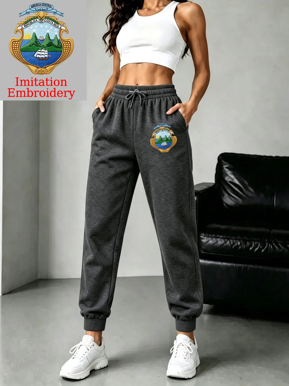 Pantalon de jogging basique en polaire à taille élastique imprimé emblème du Costa Rica pour femmes