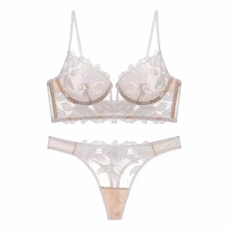 Ensemble de soutien-gorge et tongs en dentelle brodée de fleurs pour femmes