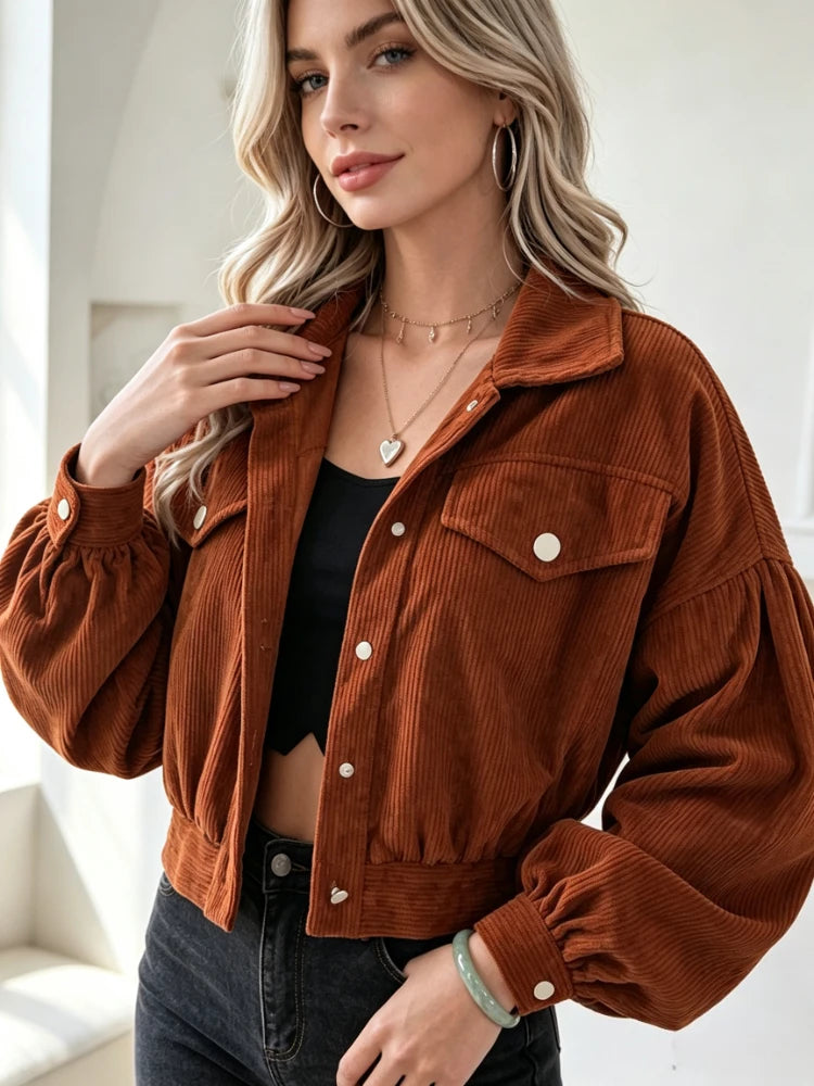 Veste Courte en Velours Côtelé Femme – Manches Lanterne