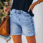 Short en jean à franges déchirées taille haute pour femmes