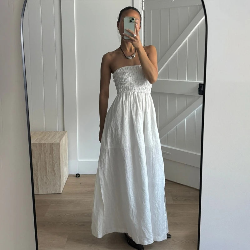 Robe longue d'été blanche dos nu sans bretelles pour femmes