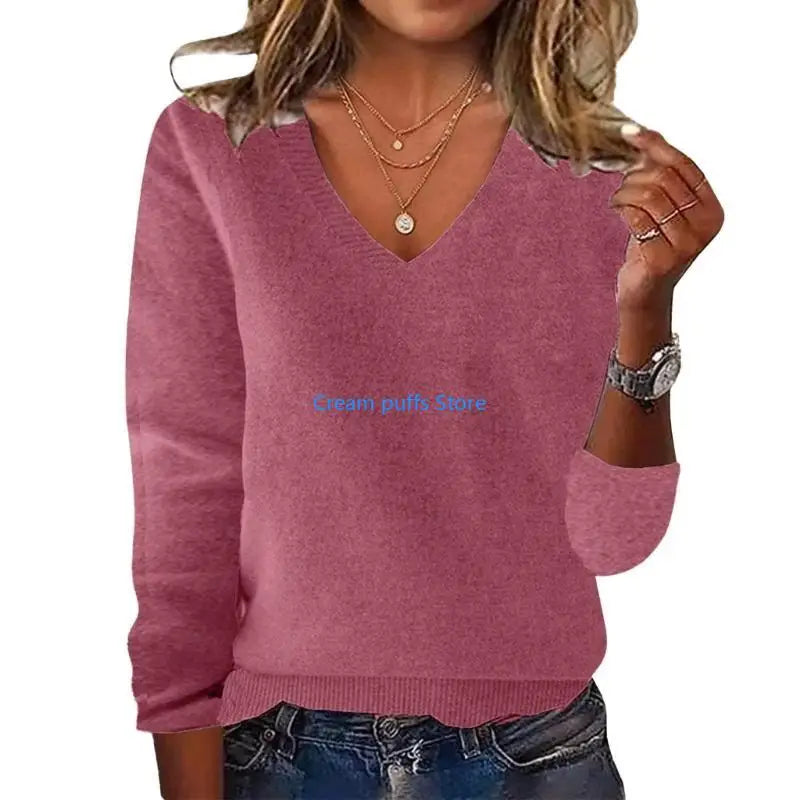 Pull en tricot côtelé doux à col en V pour femmes
