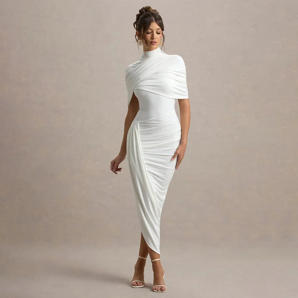 Robe longue froncée à manches mi-longues, dos nu pour femmes