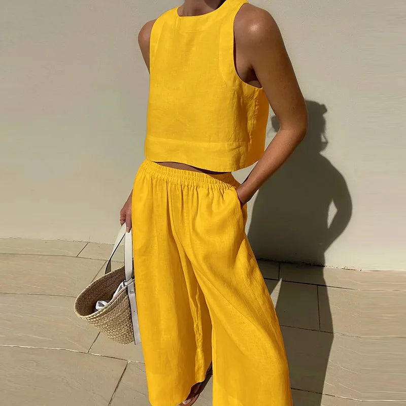 Ensemble deux pièces haut ample à col rond et pantalon à jambes larges pour femmes
