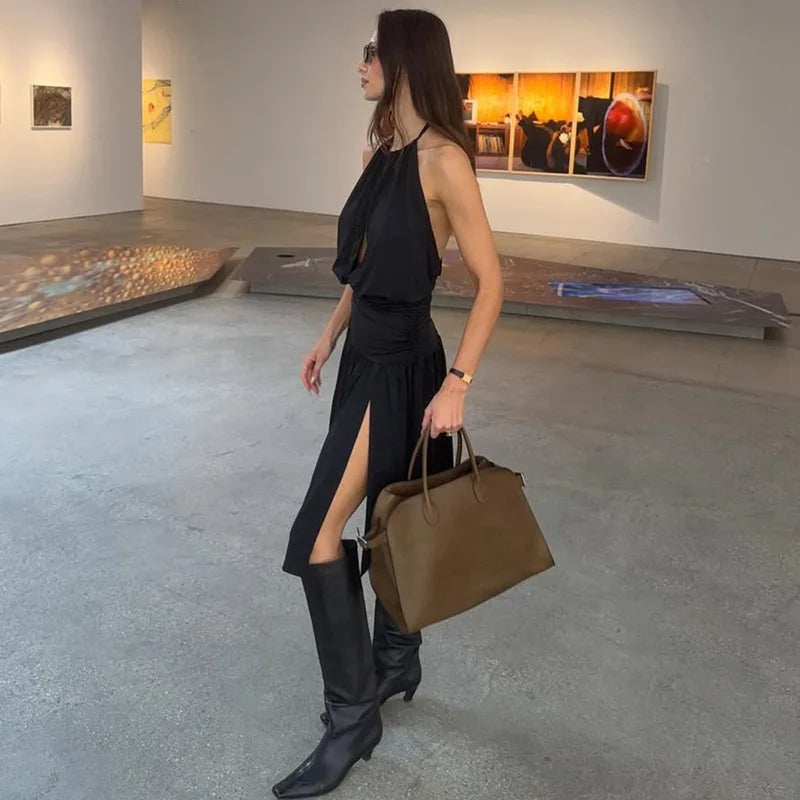 Robe longue dos nu sexy à col en V pour femmes
