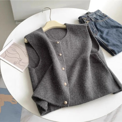 Pull Sans Manches Femme – Maille Unie et Boutons