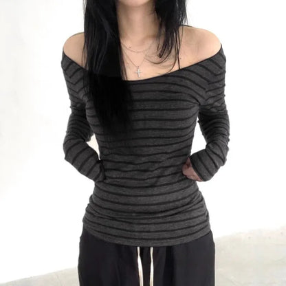 T-shirt Rayé Femme – Col V et Manches Longues