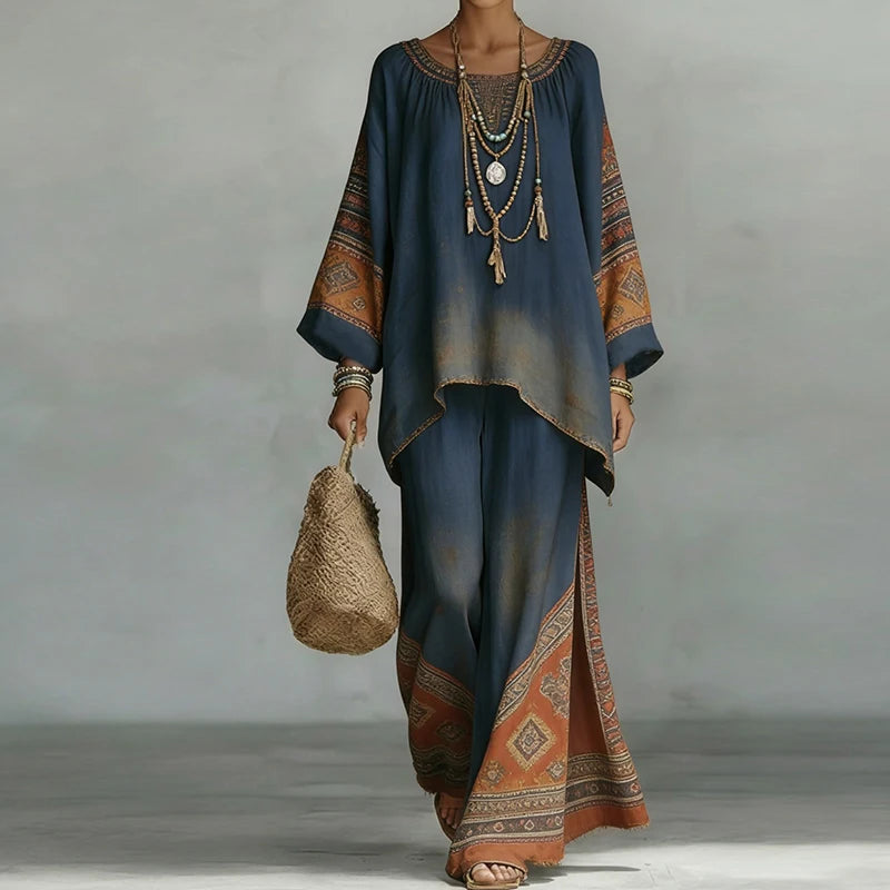 Ensemble 2 pièces haut à col rond et pantalon large pour femmes