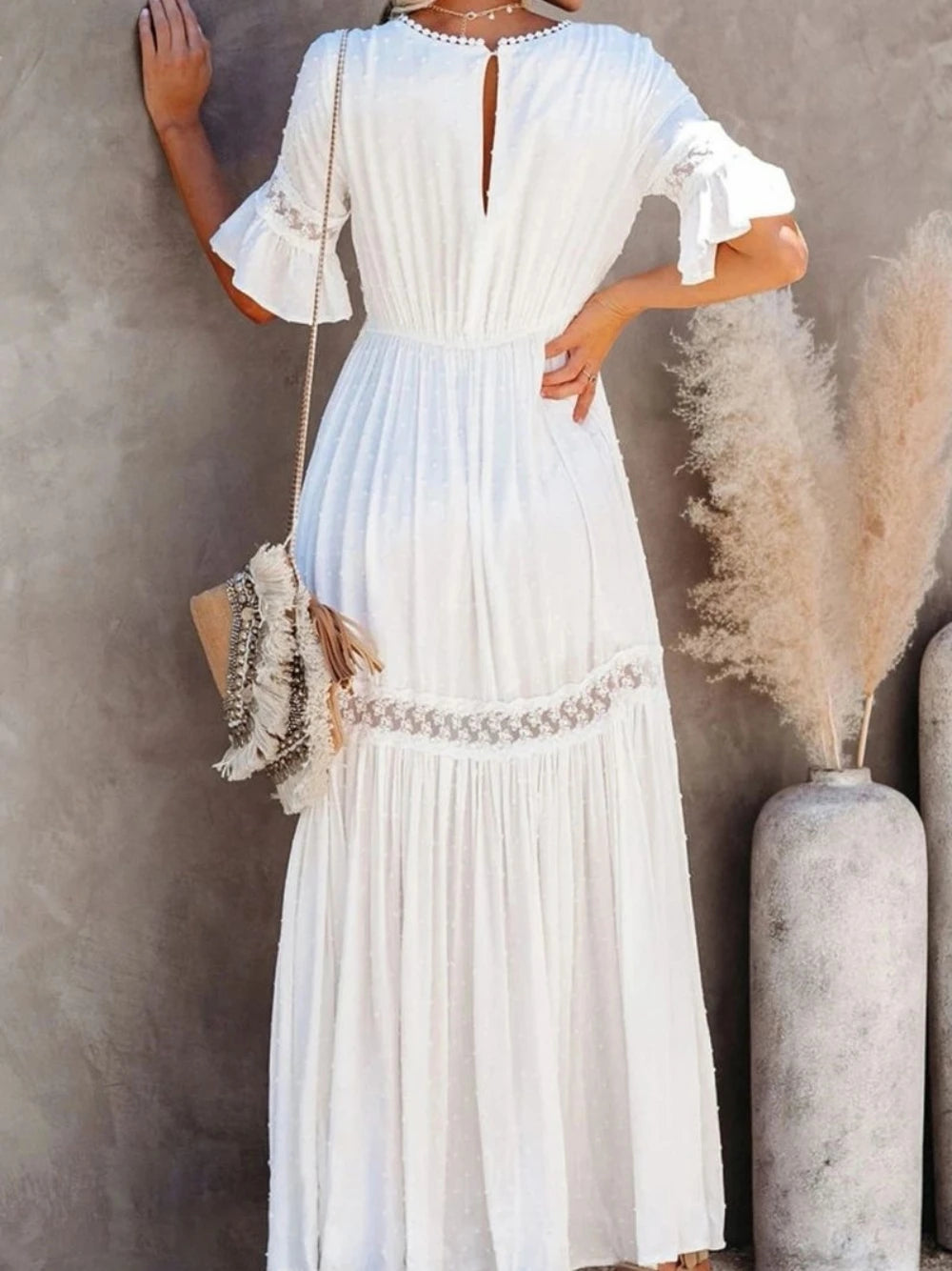 Robe de soirée en dentelle de couleur unie pour femmes