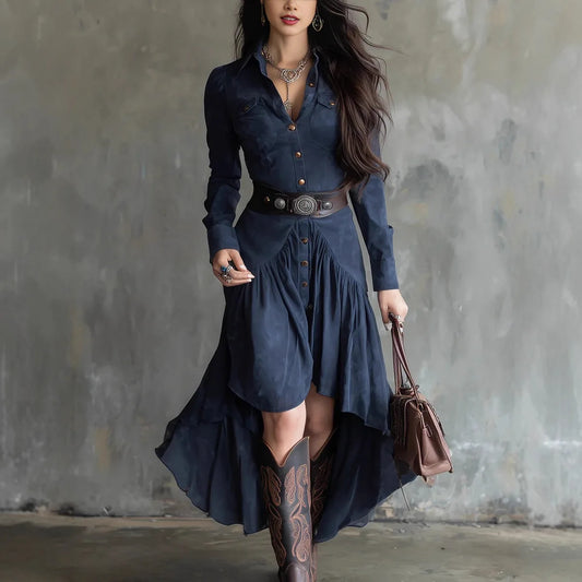 Robe de Soirée Longue Femme – Effet Daim et Ceinture