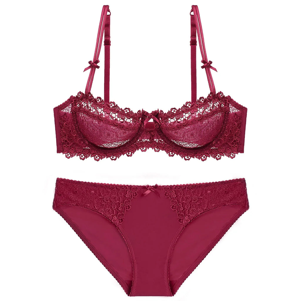 Ensemble soutien-gorge Push Up brodé en dentelle et culotte pour femmes