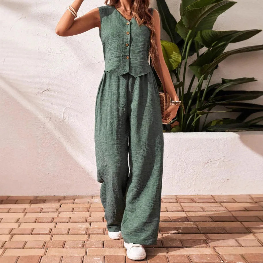 Ensemble deux pièces en coton lin gilet court haut + pantalon pour femmes