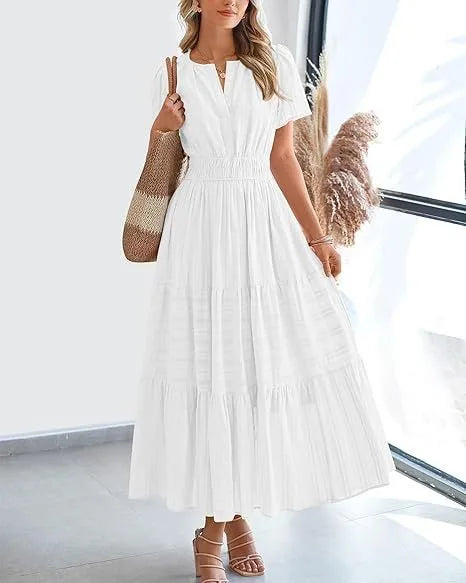 Robe longue plissée élégante style français à col en V pour femmes