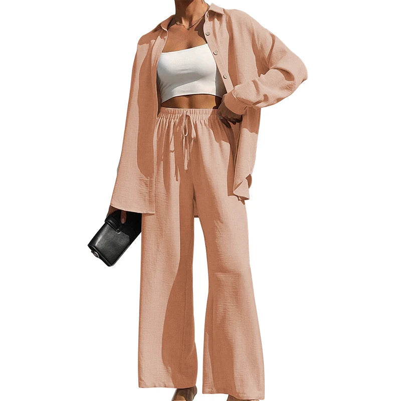 Ensemble deux pièces chemise boutonnée unie et pantalon large à nouer sur le devant pour femmes