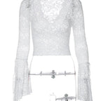 T-Shirt en dentelle transparent, col en v, manches évasées pour femmes