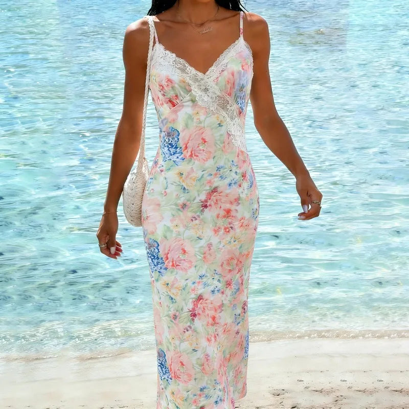 Robe longue d'été en dentelle à imprimé floral pour femmes