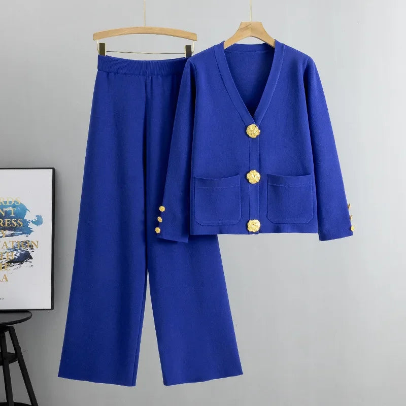 Ensembles de pulls en tricot et pantalon ample taille haute pour femmes
