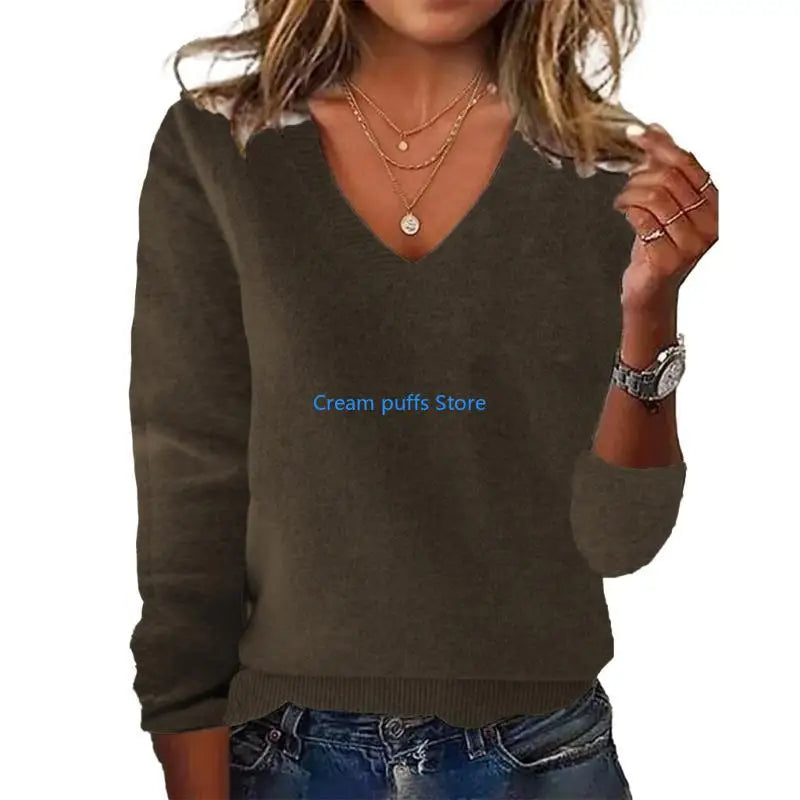 Pull en tricot côtelé doux à col en V pour femmes