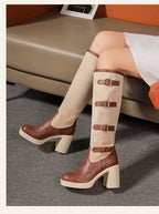 Bottes mi-mollet en PU givré avec boucle de ceinture à cinq rangées et talon ultra-haut pour femmes