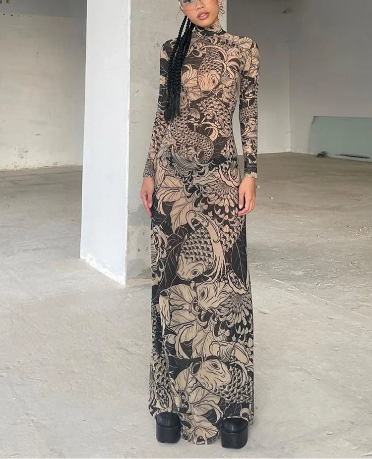 Robe longue moulante à imprimé résille Weird Puss pour femmes