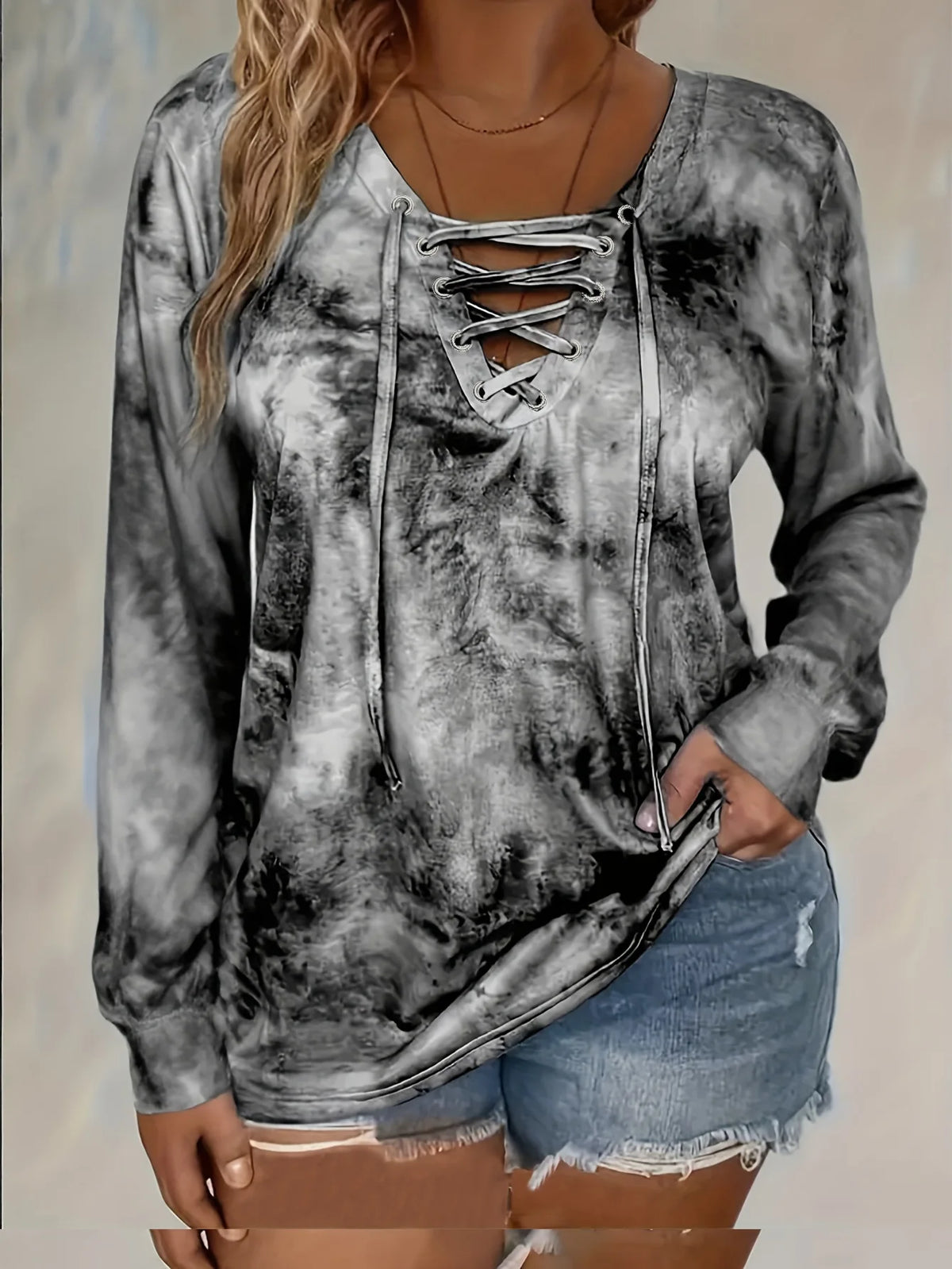 T-shirt Tie-Dye Femme – Manches Longues et Laçage