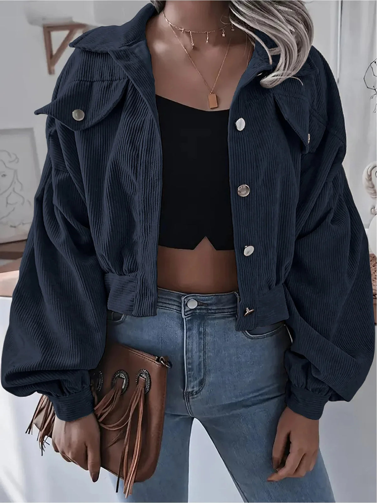 Veste Courte en Velours Côtelé Femme – Manches Lanterne