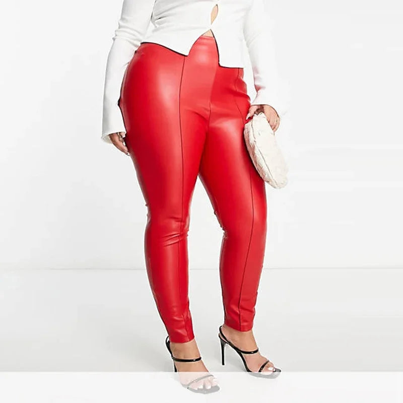 Pantalon Grande Taille en Similicuir à Taille Élastique