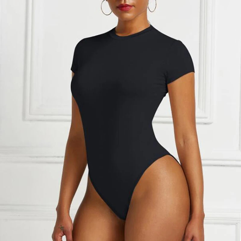 Body moulant sexy une pièce à manches courtes et col rond ouvert pour femmes