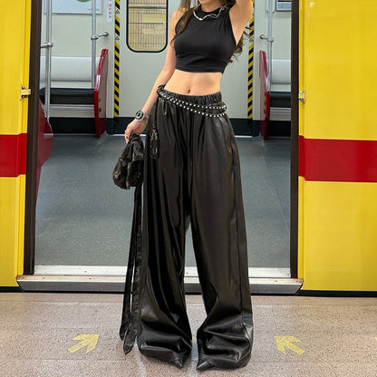 Pantalon large femme en simili cuir PU à taille élastique