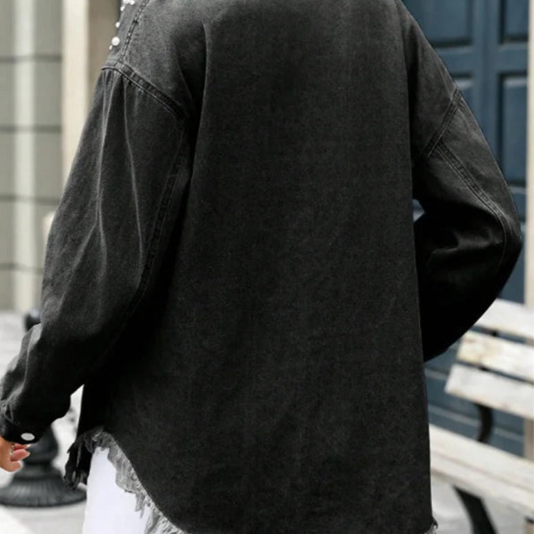 Veste en jean à ourlet frangé et perles pour femmes