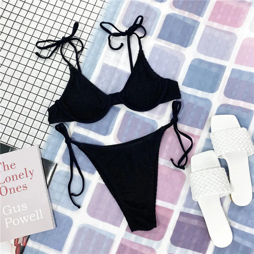 Maillots de bain deux pièces côtelés, micro string et bikini push-up pour femmes
