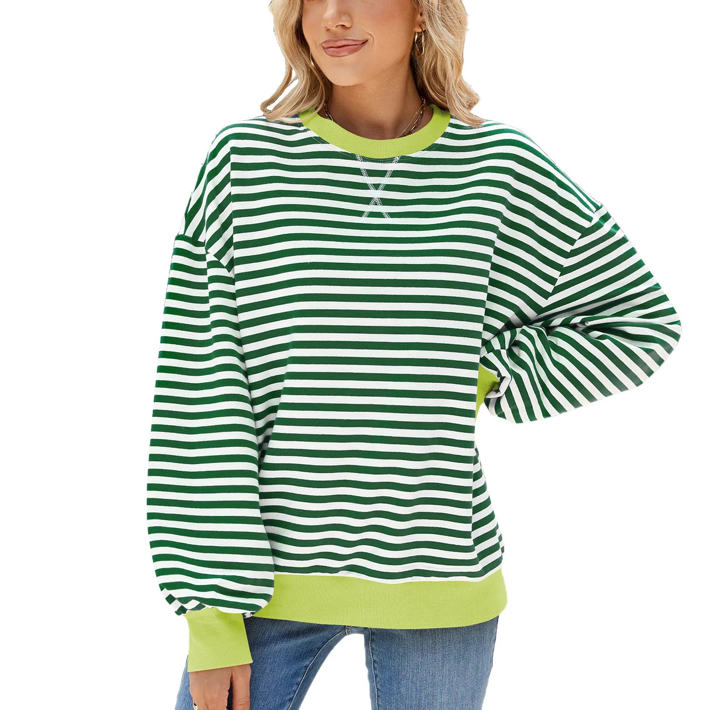 T-shirt à manches longue décontracté ample rayé pour femmes