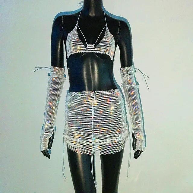 Ensemble 3 pièces haut court dos nu transparent à strass et paillettes pour femmes