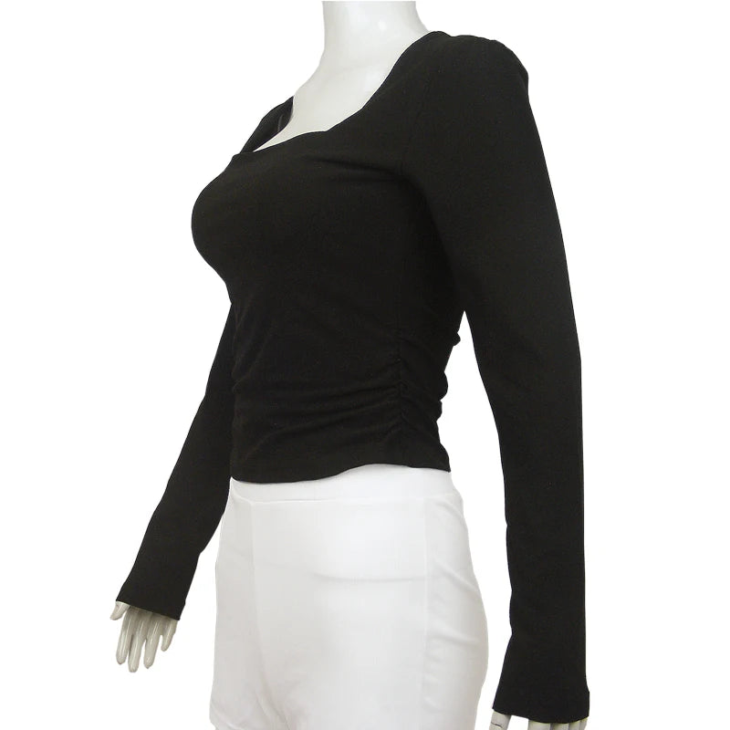 T-shirt à col carré mince et manches longues pour femmes