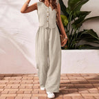 Ensemble deux pièces en coton lin gilet court haut + pantalon pour femmes
