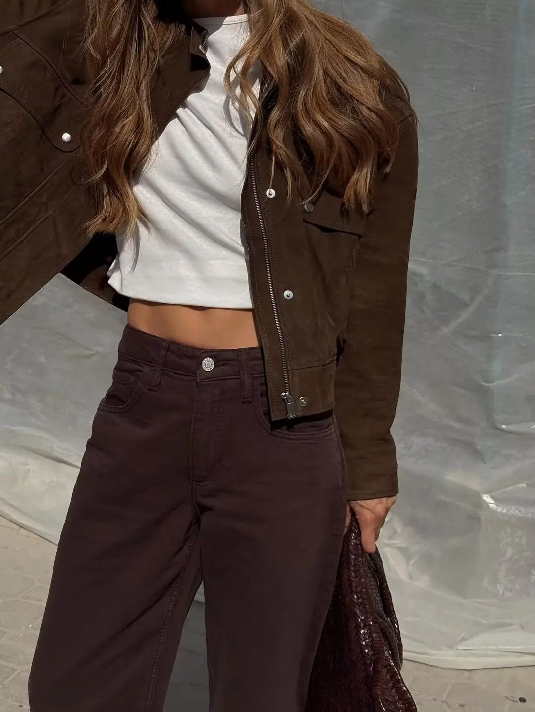Veste en faux daim à col montant et manches longues pour femmes