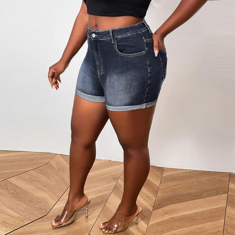 Short en jean grande taille style rétro américain à ourlet roulé pour femmes
