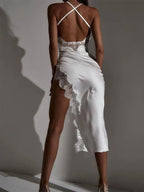 Robe mi-longue moulante en dentelle pour femmes