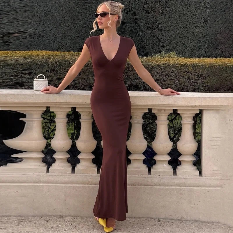 Robe longue moulante élégante à col en V en maille premium pour femmes